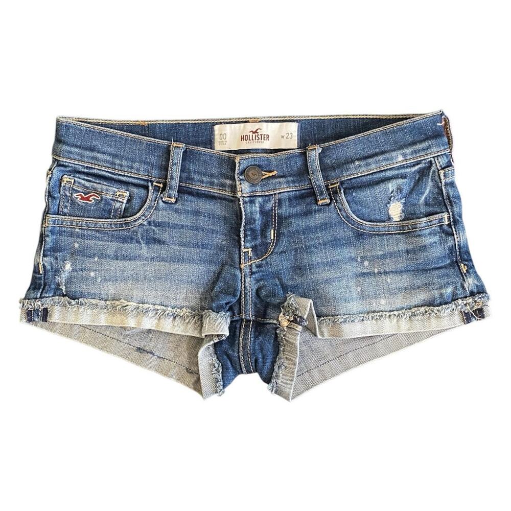 Hollister blue denim distressed low rise shorts in size 23/ 00